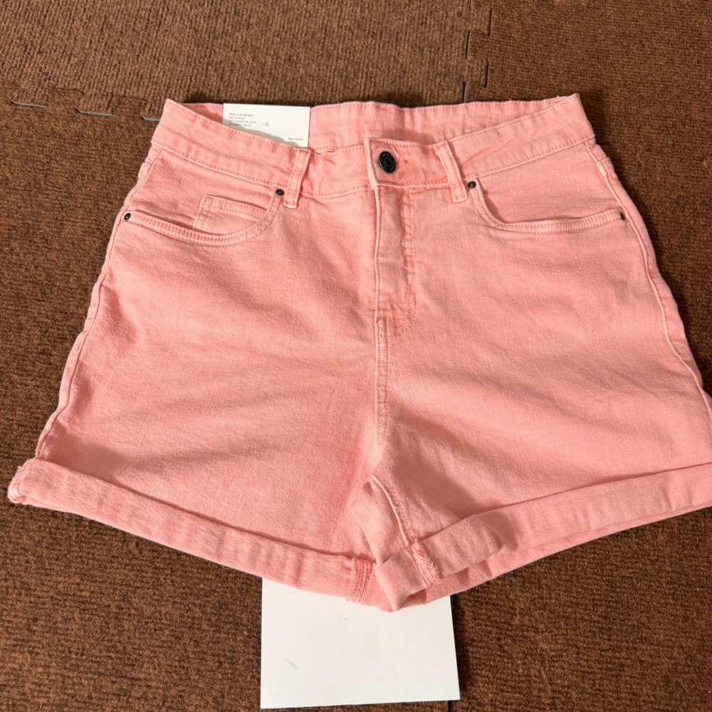 New Serra Ladies Cuffed Denim Shorts Peach Pink Size 12 High Rise Stretch Cotton